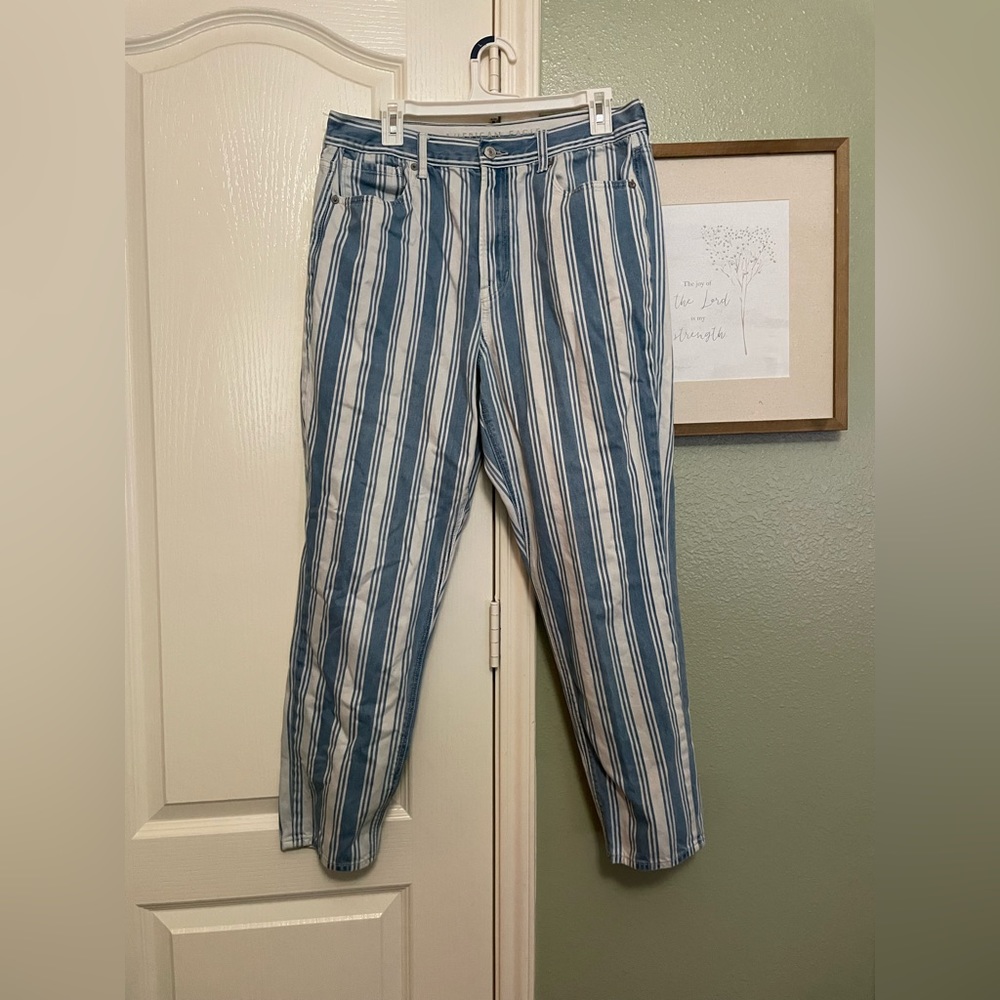 American Eagle Mom Jean Striped Blue and White